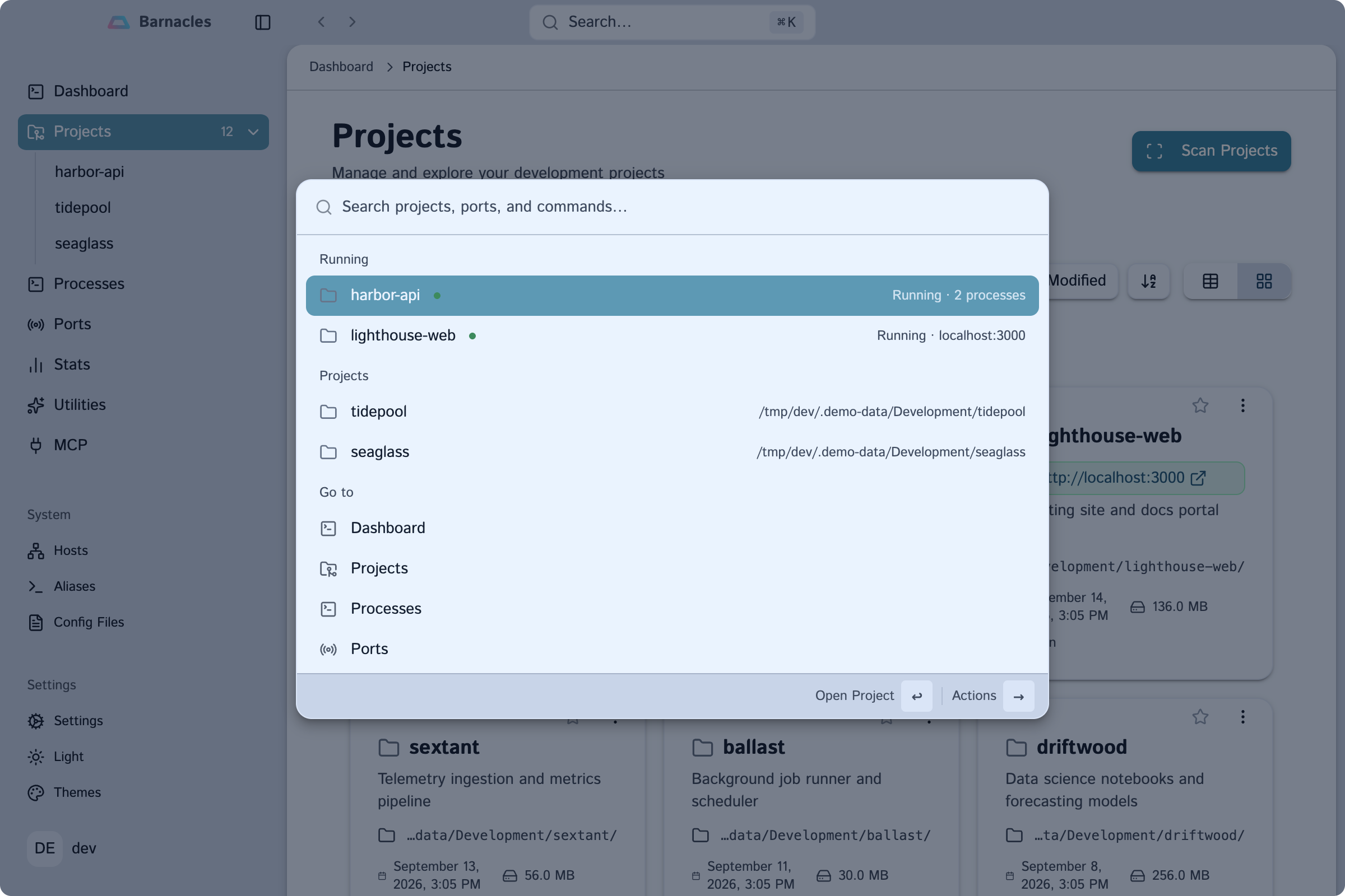 Barnacles command palette open over the projects list, showing grouped commands